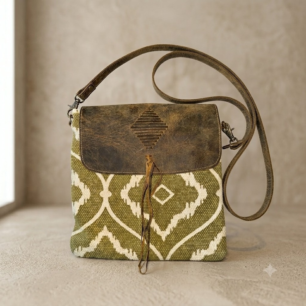 Myra Feelgood Factorโ Bag Women Olive Green 11x11 Canvas Leather Crossbody Bag